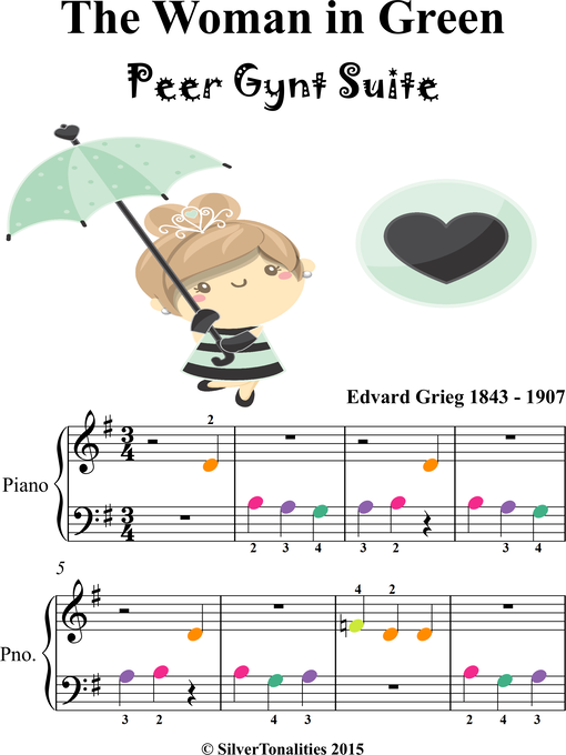 Title details for Woman in Green Peer Gynt Beginner Piano Sheet Music with Colored Notes by Edvard Grieg - Available